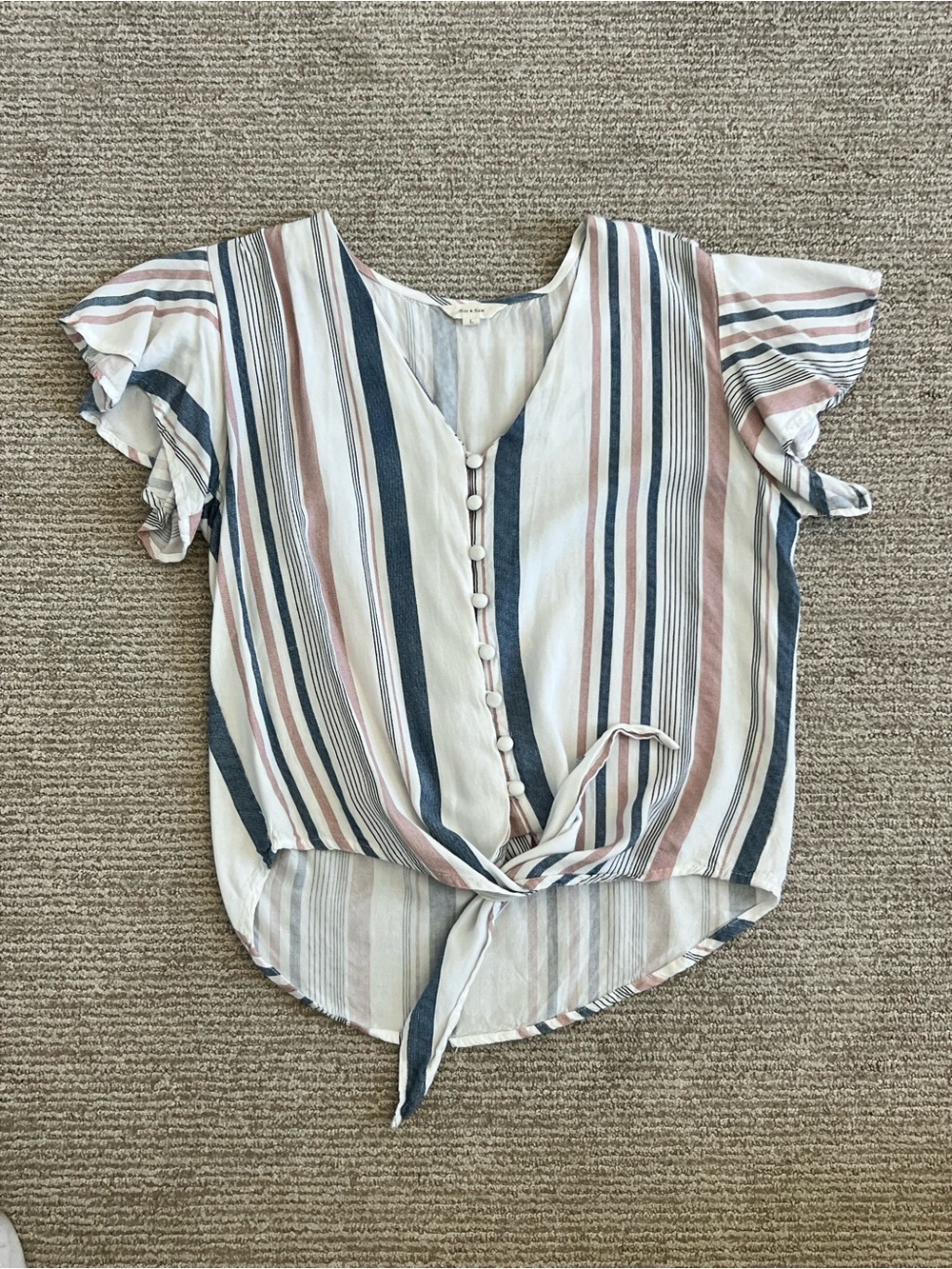 Striped Tie-Front V-Neck Blouse in Blush and Navy